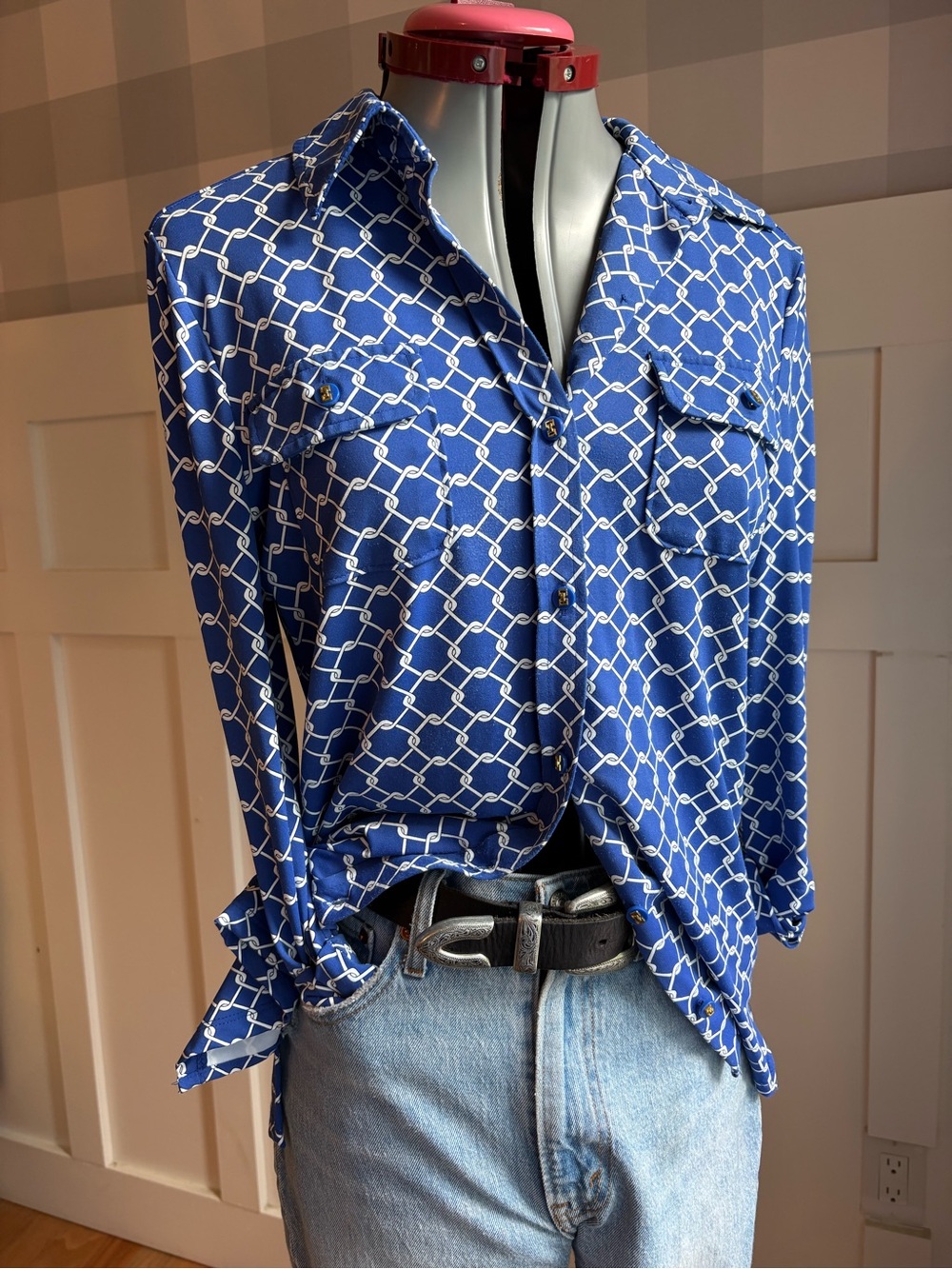 Charter Club Blue Geometric Button-Up Blouse Small - Picture 5 of 8